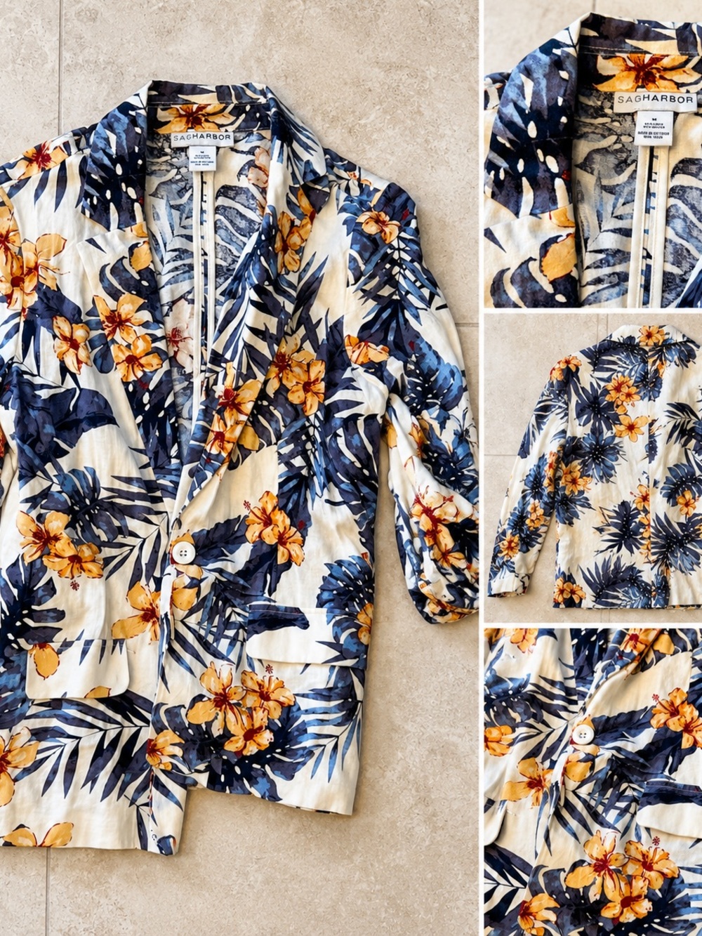 Sag Harbor Floral Linen-Blend Blazer in Navy & Yellow